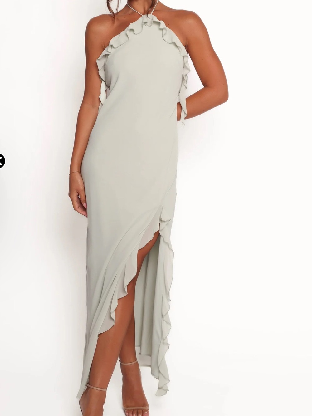 Petal & Pup Backless Halter Ruffle Maxi Dress in Pale Mint
